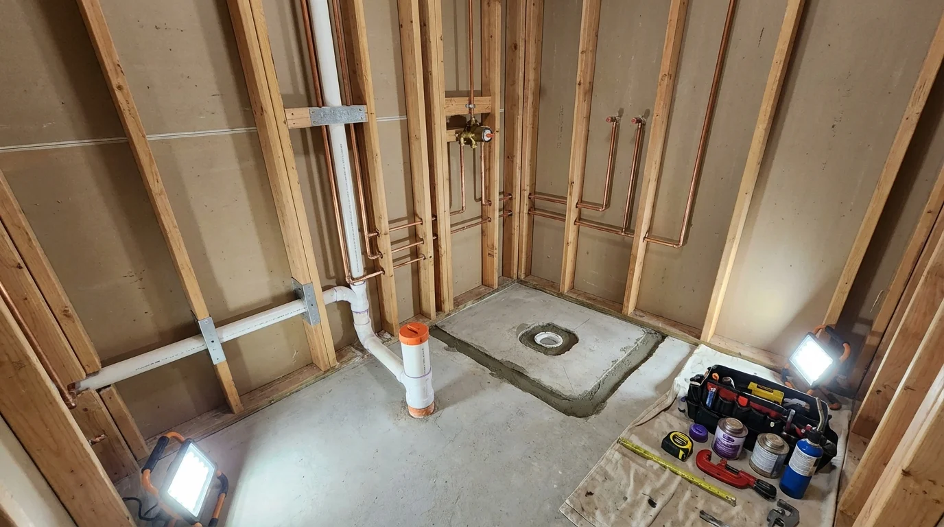 Bathroom rough-in plumbing during remodel by Johns Plumbing LLC in Selinsgrove