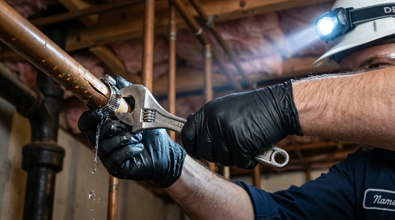 Emergency pipe clamp repair being performed by a Johns Plumbing LLC plumber in Selinsgrove