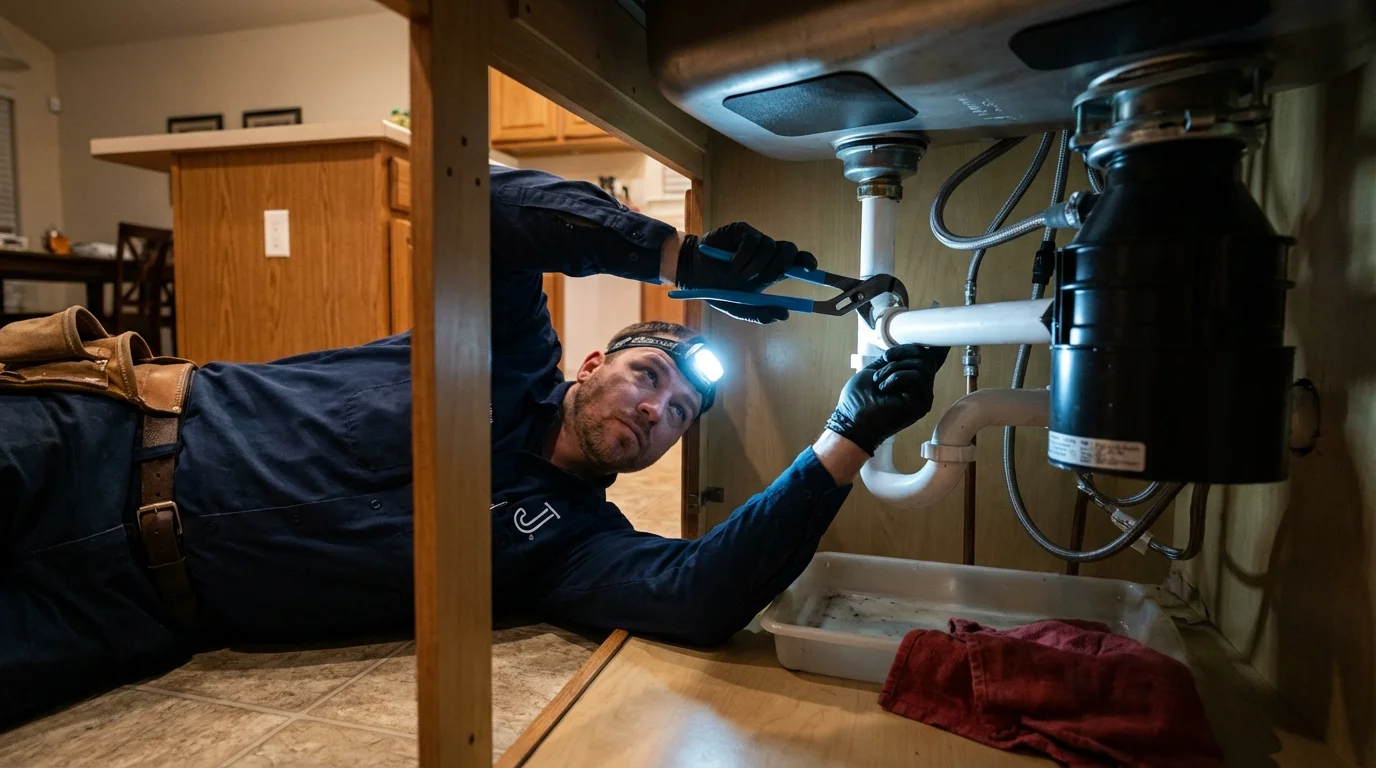 P-trap and supply line connections under a kitchen sink showing a common leak point in Selinsgrove, PA